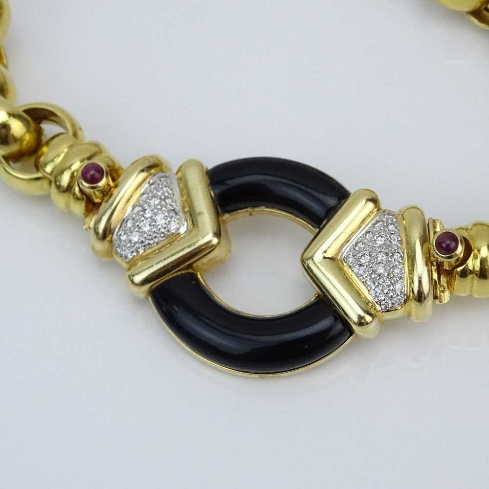 Vintage Italian Large and Heavy 14 Karat Yellow Gold, Pave Set Round Brilliant Cut Diamond and Black Onyx Pendant Necklace. 