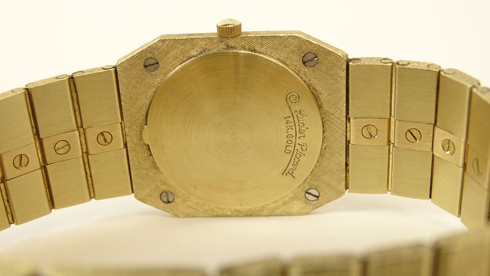 Man's Vintage Lucien Picard 14 Karat Yellow Gold Quartz Bracelet Watch with Bezel accented with small Diamonds