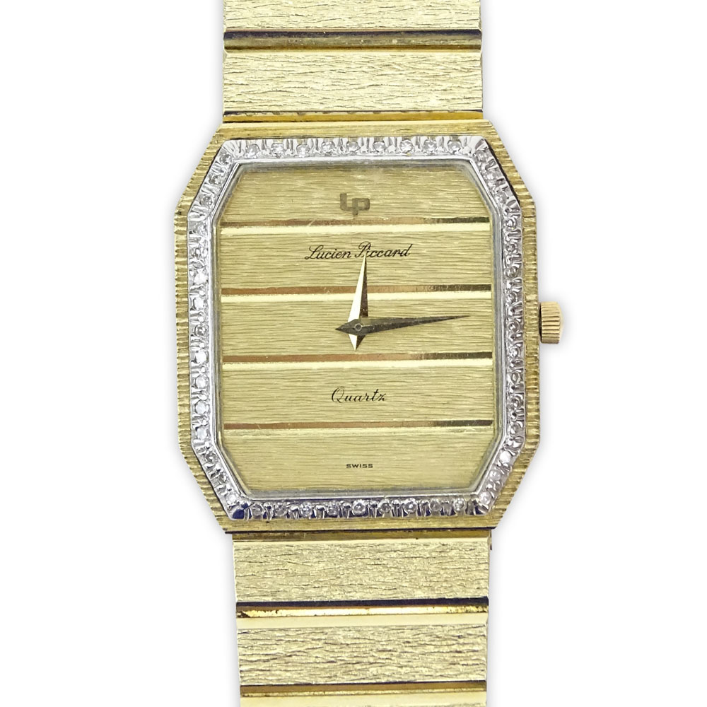 Man's Vintage Lucien Picard 14 Karat Yellow Gold Quartz Bracelet Watch with Bezel accented with small Diamonds