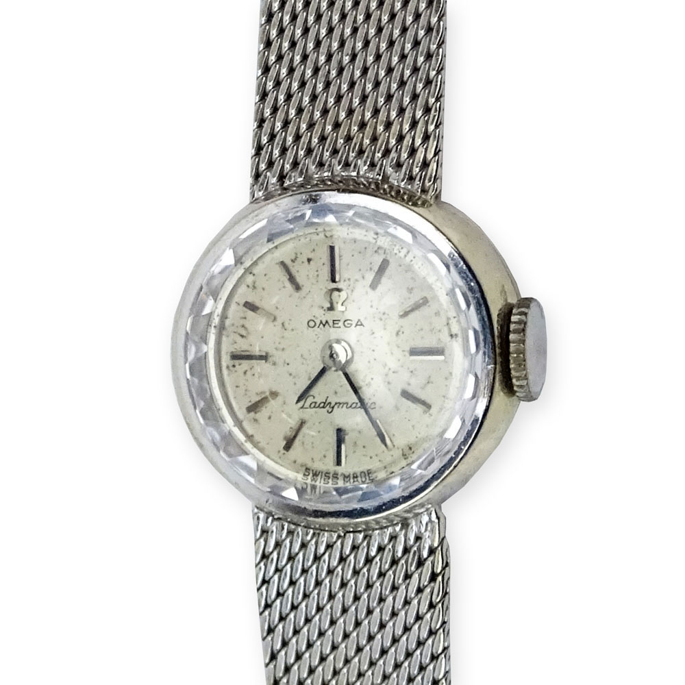 Vintage 14 Karat White Gold Omega "Ladymatic" Bracelet Watch. Signed 14K. 