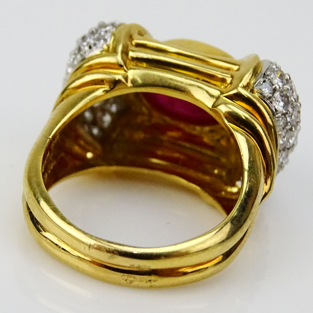 Approx. 3.50 Carat Cabochon Ruby, 2.10 Carat Pave Set Diamond, Platinum and 18 Karat Yellow Gold Ring