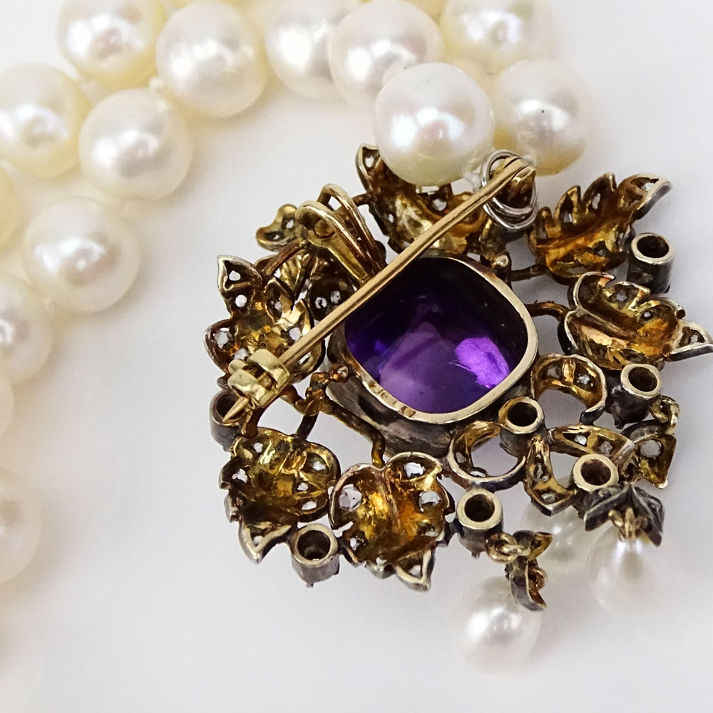 Single Strand 8mm Pearl Necklace with Detachable Antique 18 Karat Yellow Gold, Silver, Pearl and Surgarloaf Cabochon Amethyst Brooch/Pendant