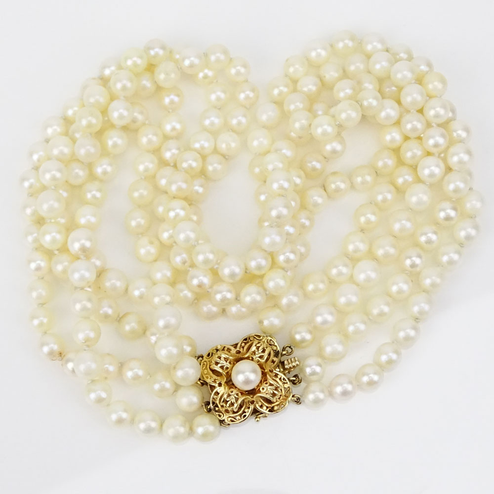 Vintage Four Strand 6mm Pearl Necklace with 14 Karat Yellow Gold Clasp