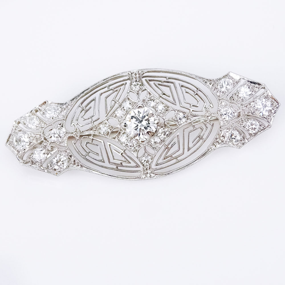 Antique Approx. 1.25 Carat Diamond and 14 Karat White Gold Bar Brooch with Delicate Filigree Work