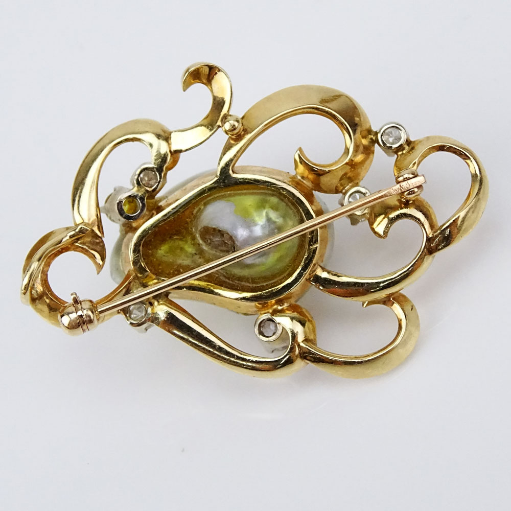Vintage 14 Karat Yellow Gold, Large Baroque Pearl and Round Brilliant Cut Diamond Pendant/Brooch