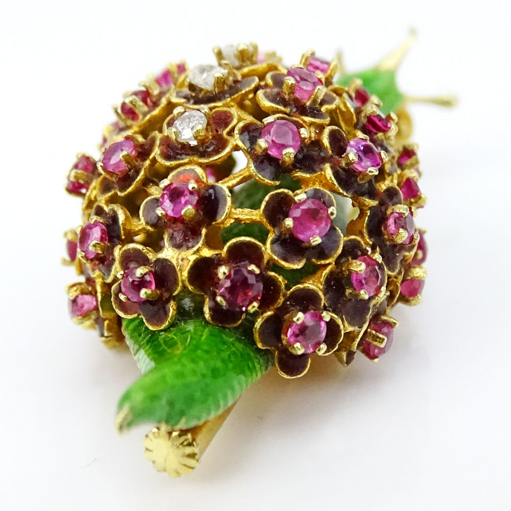 Vintage Enameled 14 Karat Yellow Gold Snail Brooch with Small Ruby and Diamond Accents