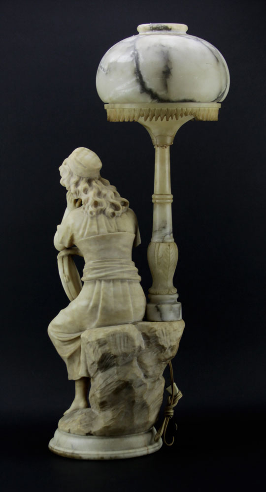 Antique Figural Alabaster Lamp. Features a gypsy with tambourine