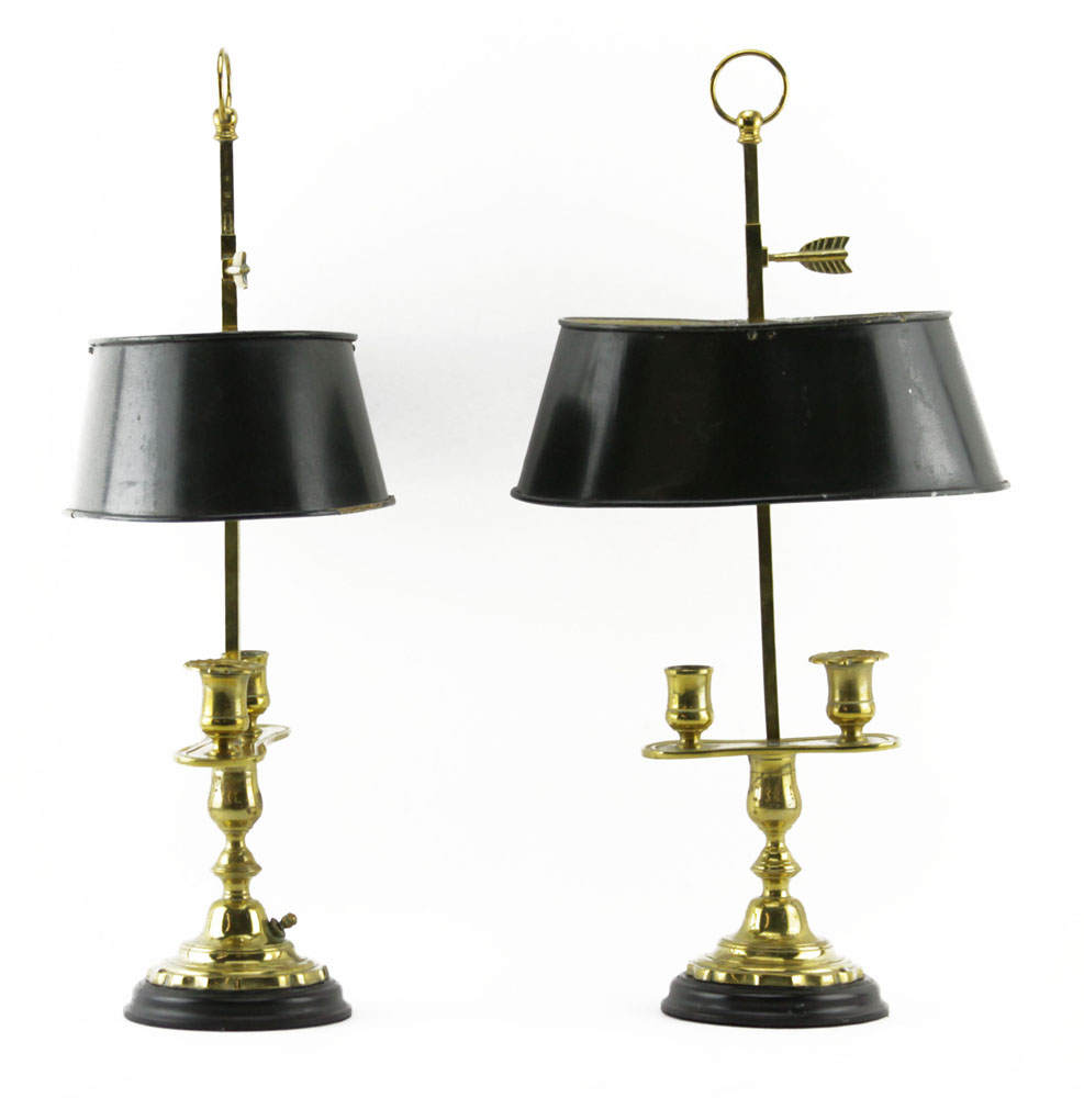 Pair of Vintage Bouillotte Style Brass Desk Lamps with Painted Metal Shade