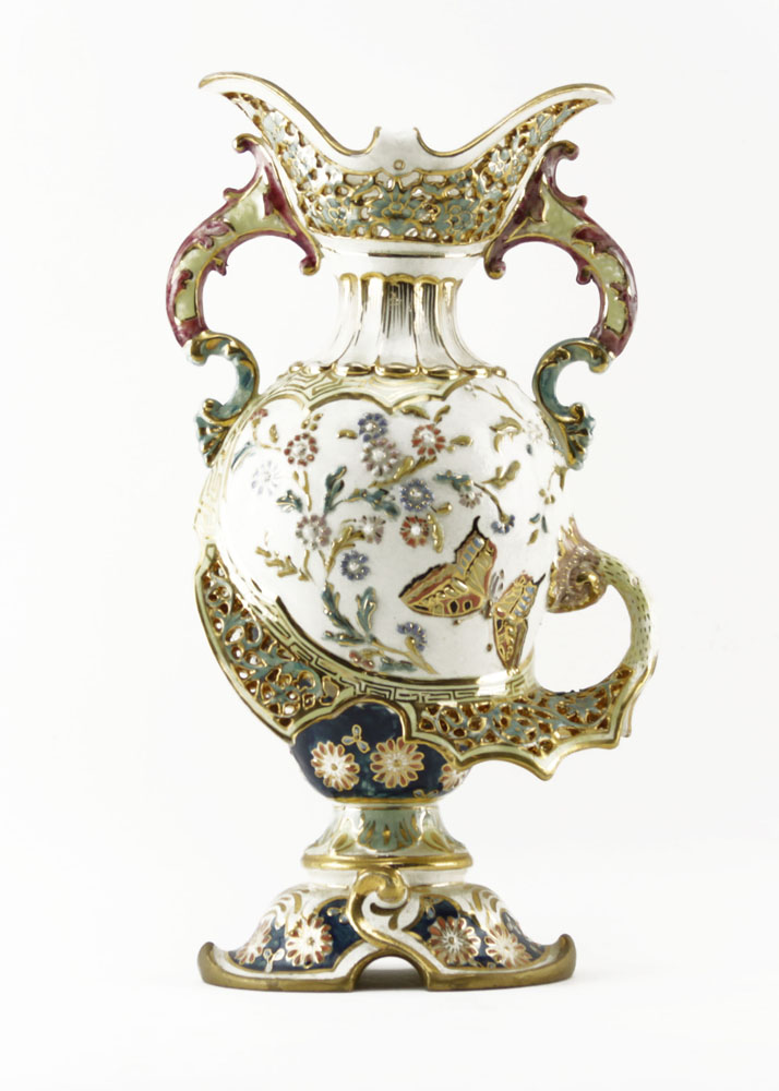 Large Fischer J. Budapest Pierced Gilt Hand Painted Handled Vase