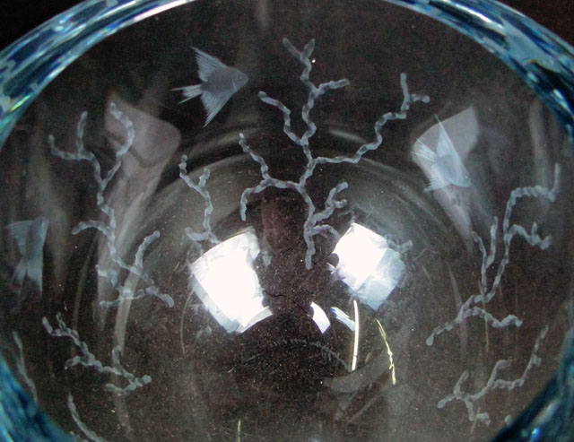 Large and Heavy Strombergshyttan Vase/Bowl with Etched Sea Life Motif