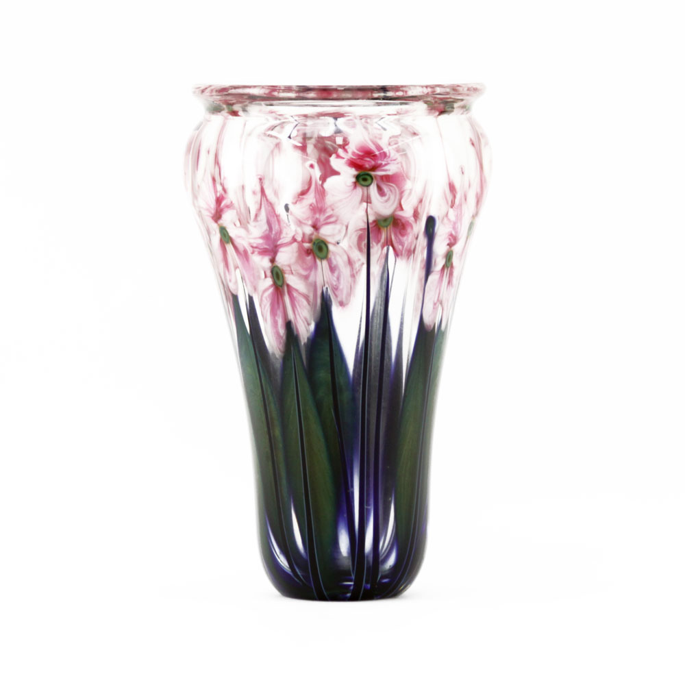 John Lotton, American (20th C.)  V Shaped Pink Tulip Art Glass Vase 