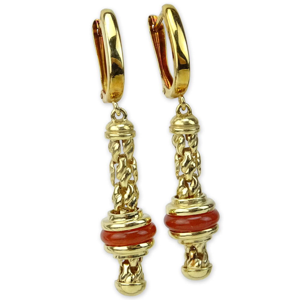 Pair of Vintage 14 Karat Yellow Gold and Red Coral Rope style Earrings