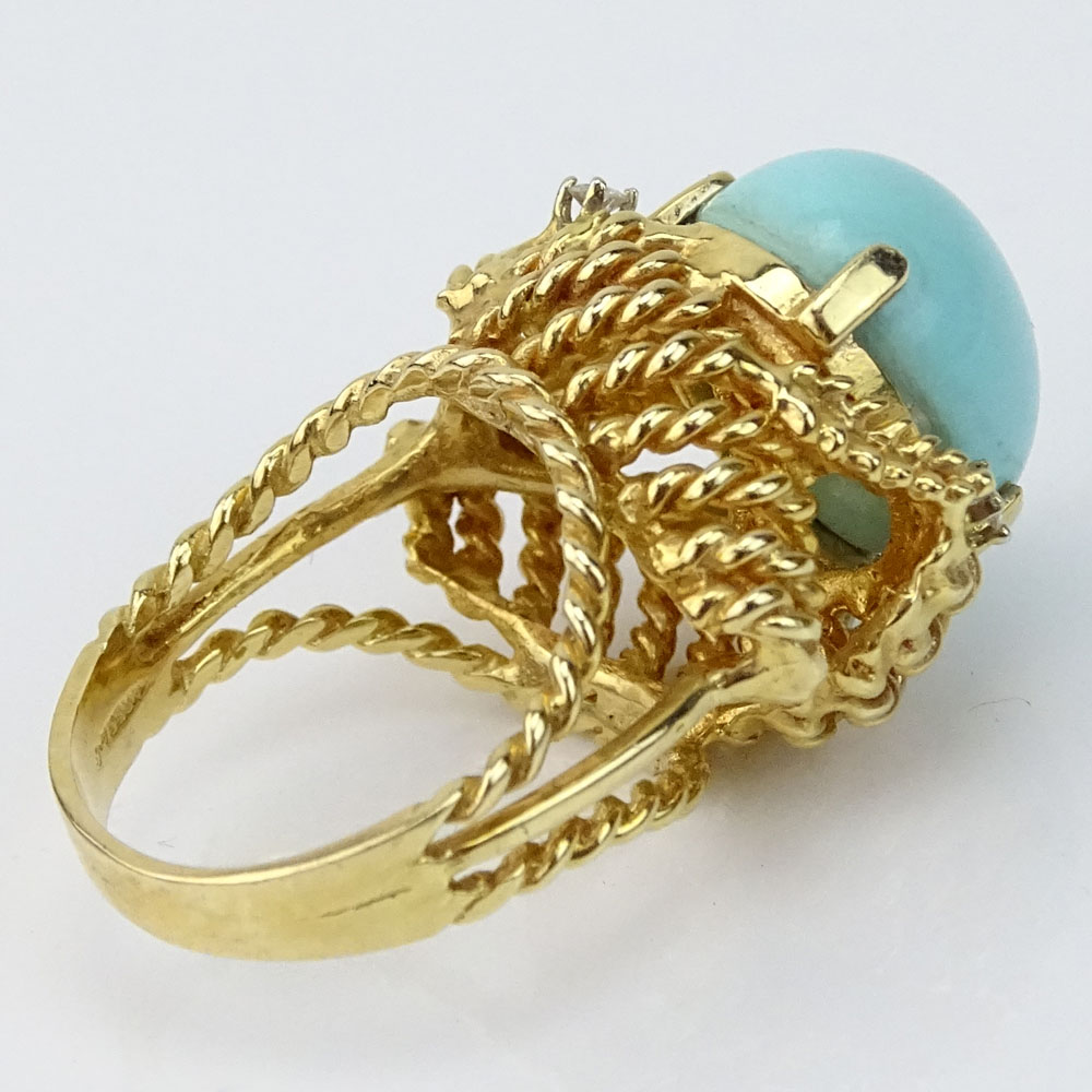 Vintage Cabochon Persian Turquoise and 14 Karat Yellow Gold Ring with Small Round Cut Diamond Accents