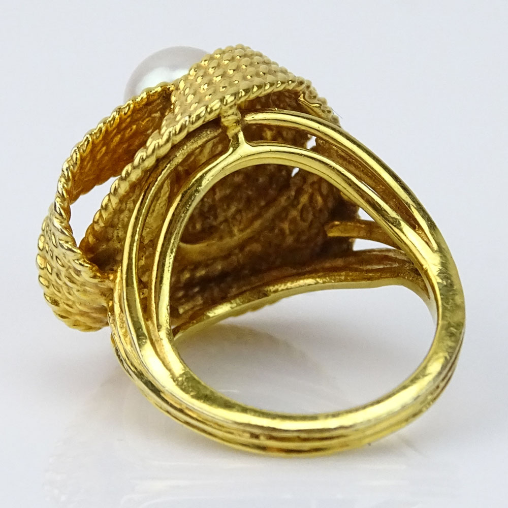 Retro 14 Karat Yellow Gold, Pearl and Sapphire Ring