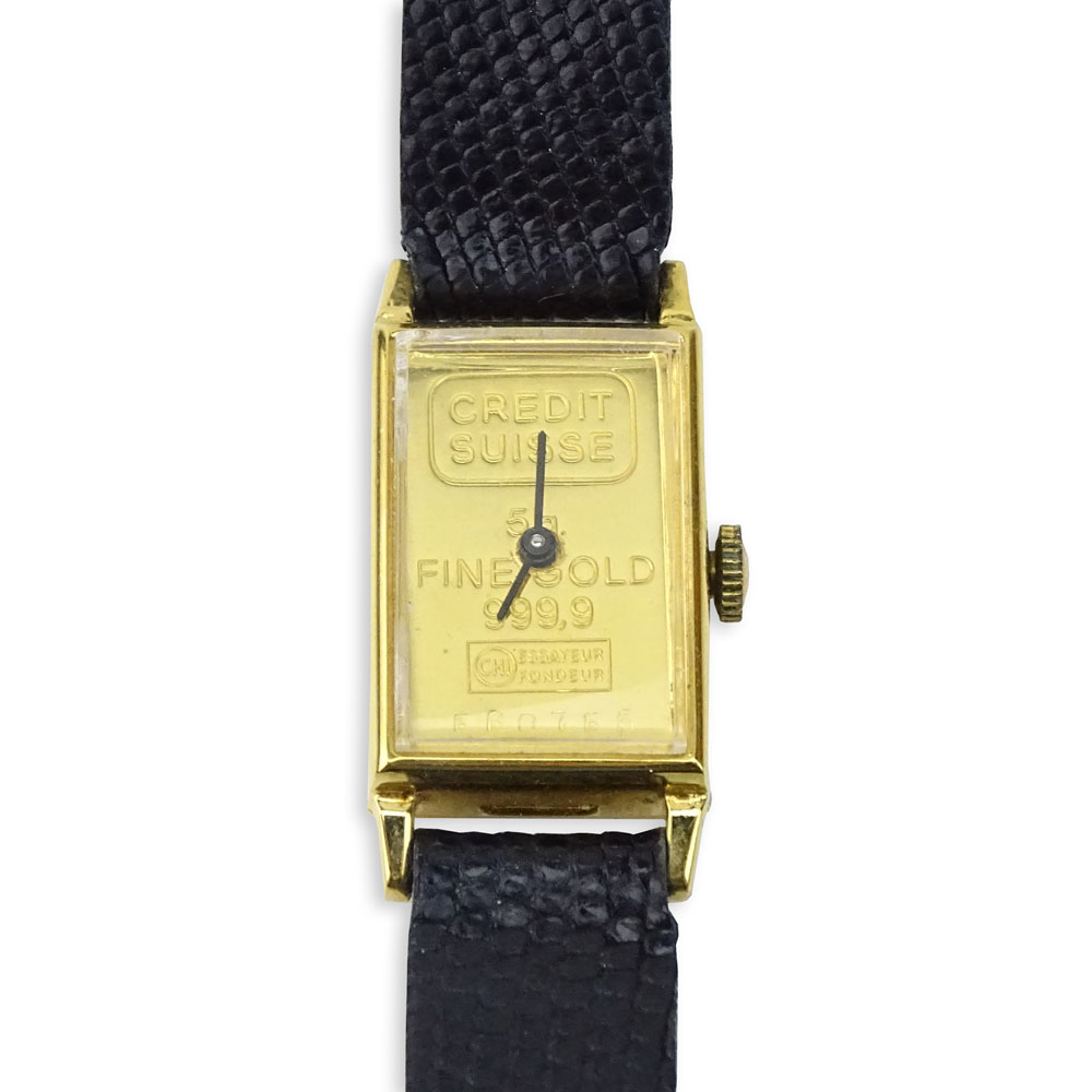 Vintage Lady's Credit Suisse 5gr. Gold Ingot Manual Movement Watch with Lizard Strap