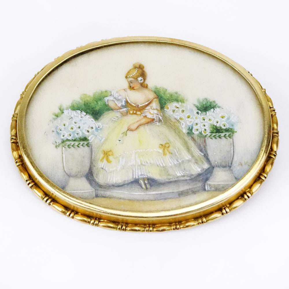 Antique 14 Karat Yellow Gold Brooch with Painted Miniature