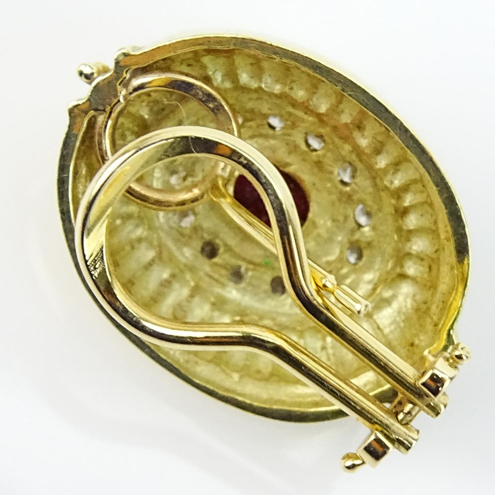 Single Vintage 14 Karat Yellow Gold, Cabochon Ruby and Diamond Earring