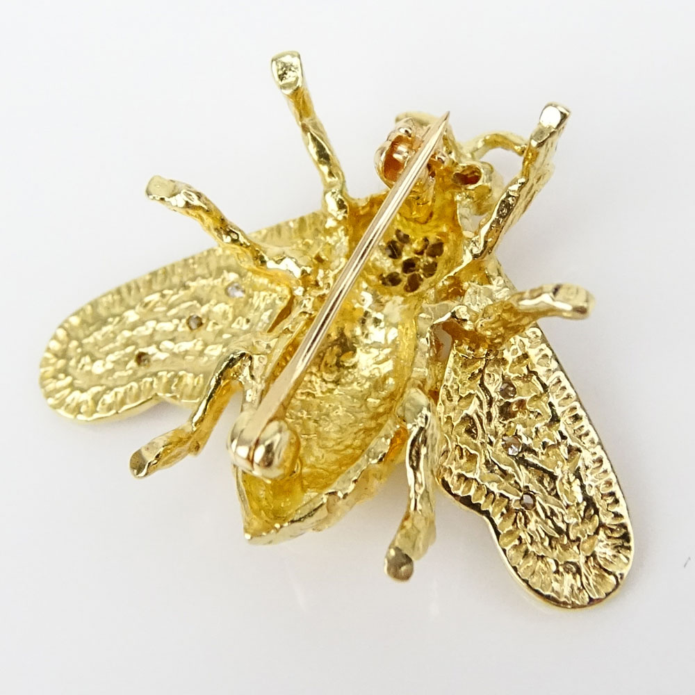 Small 14 Karat Yellow Gold Bee Brooch with Small Diamond and Ruby accents