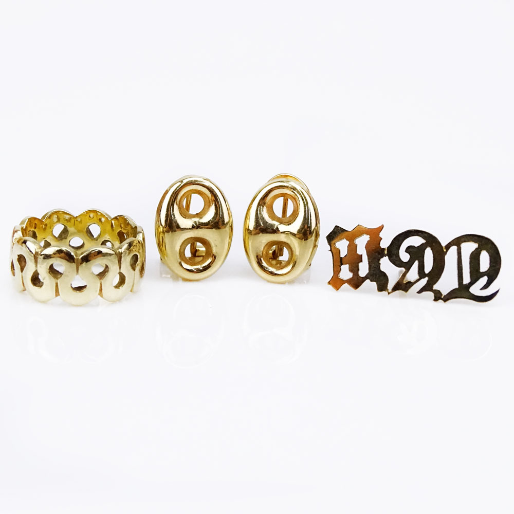 14 Karat Yellow Gold Ring, Pair of Button Earrings and Monogram Pin (TGW)