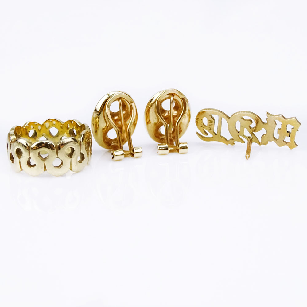 14 Karat Yellow Gold Ring, Pair of Button Earrings and Monogram Pin (TGW)
