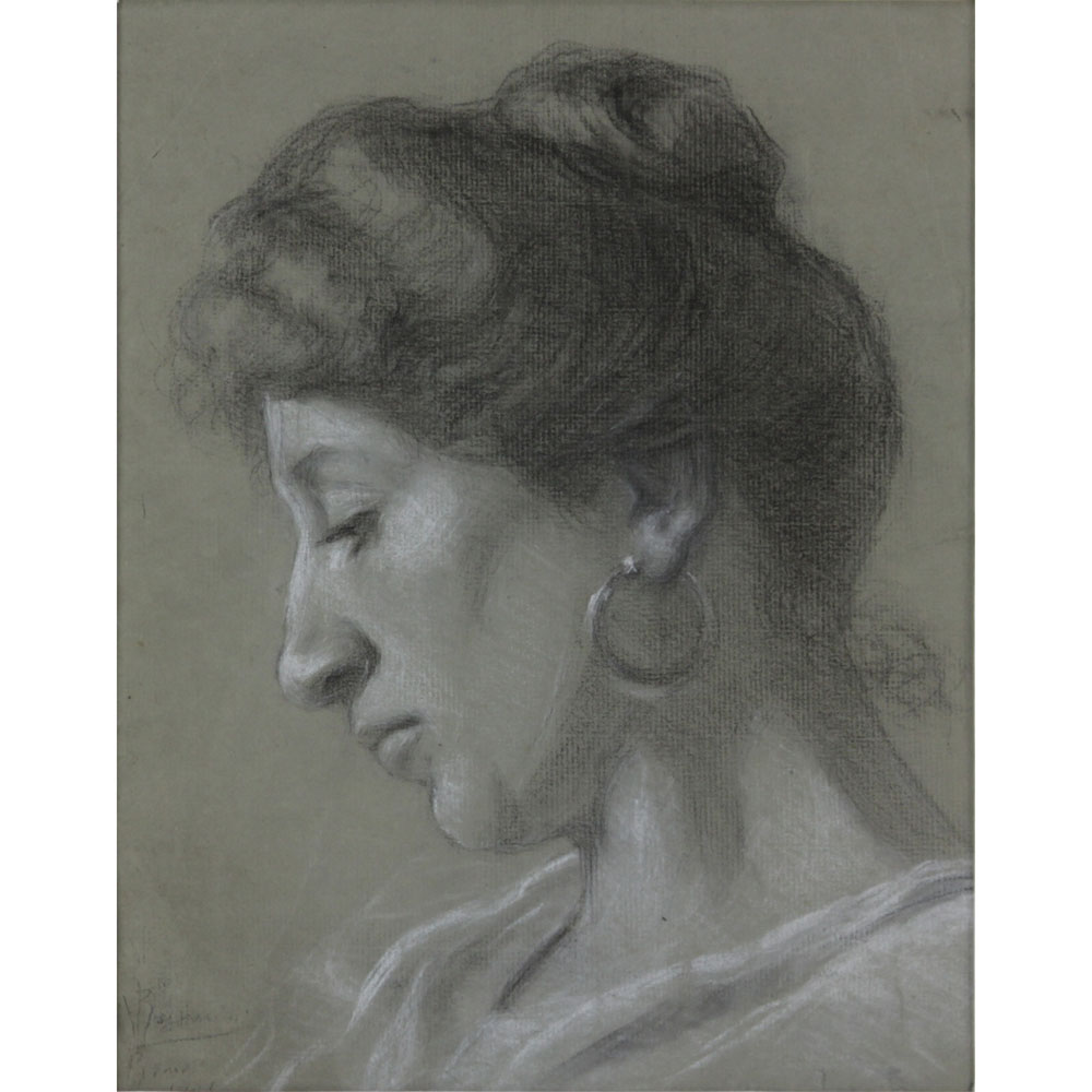 Early 20th Century Roman School Charcoal and White Pastel Two Sided Drawing. "Portrait Of A Lady and Young Boy"
