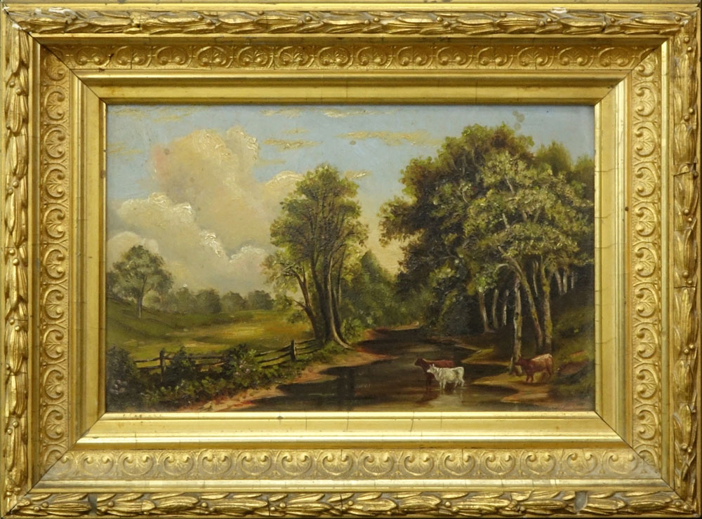 19/20th Century American School Oil on Canvas "Cows by the Stream" 