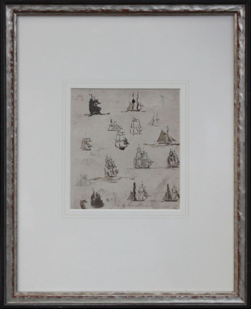 Attributed to: John Constable, English (1776-1837) Pen, Brown Wash, and Pencil Sketch Drawing of Ships on Paper. Pencil Signed in the Plate