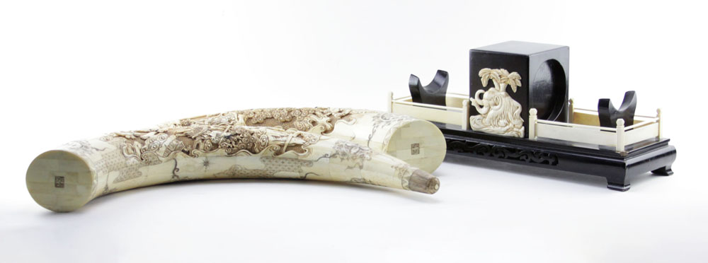 Pair of Carved Bone Polychrome Tusks in Wooden Stands