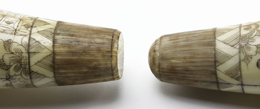 Pair of Carved Bone Polychrome Tusks in Wooden Stands
