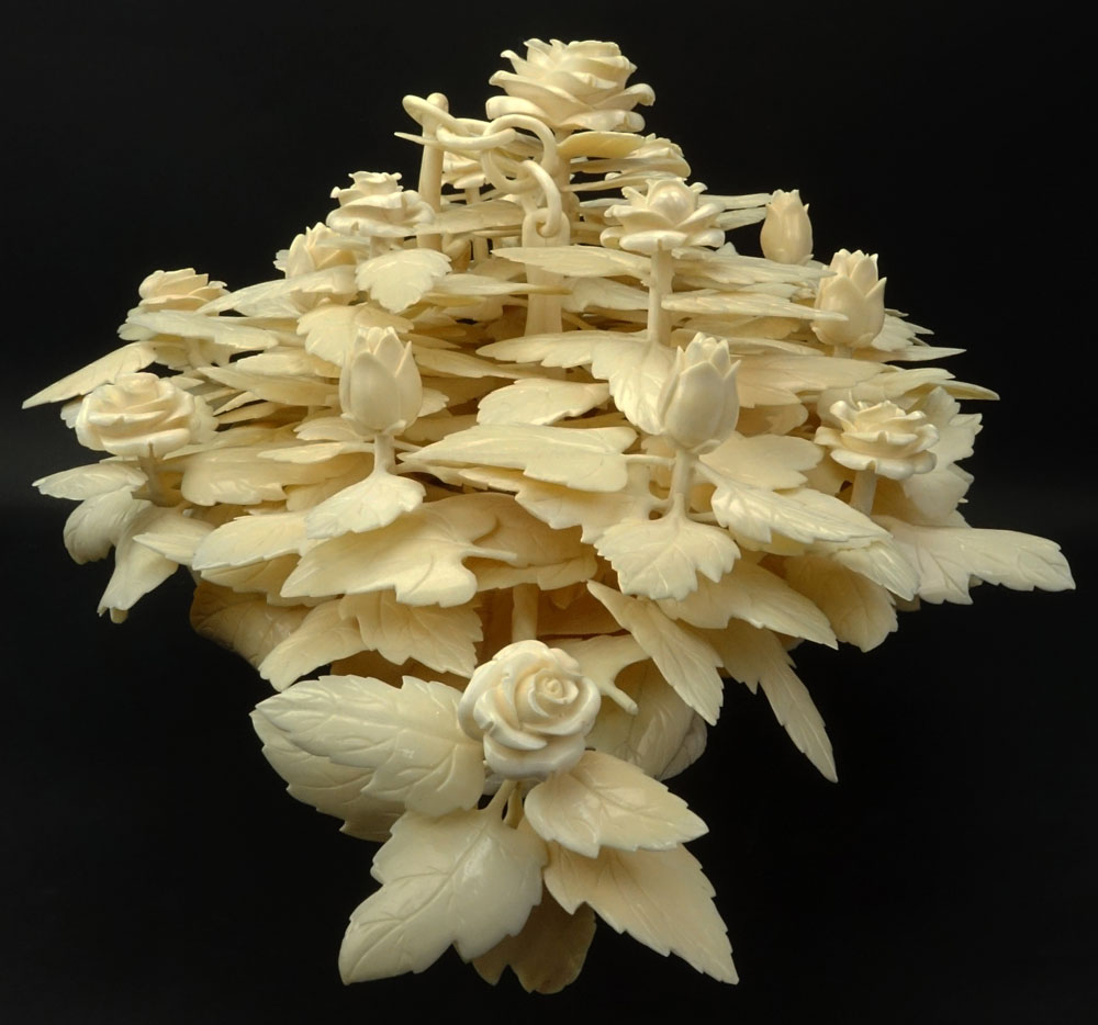 Large 20th Century Chinese Carved Bone Hanging Basket of Roses.