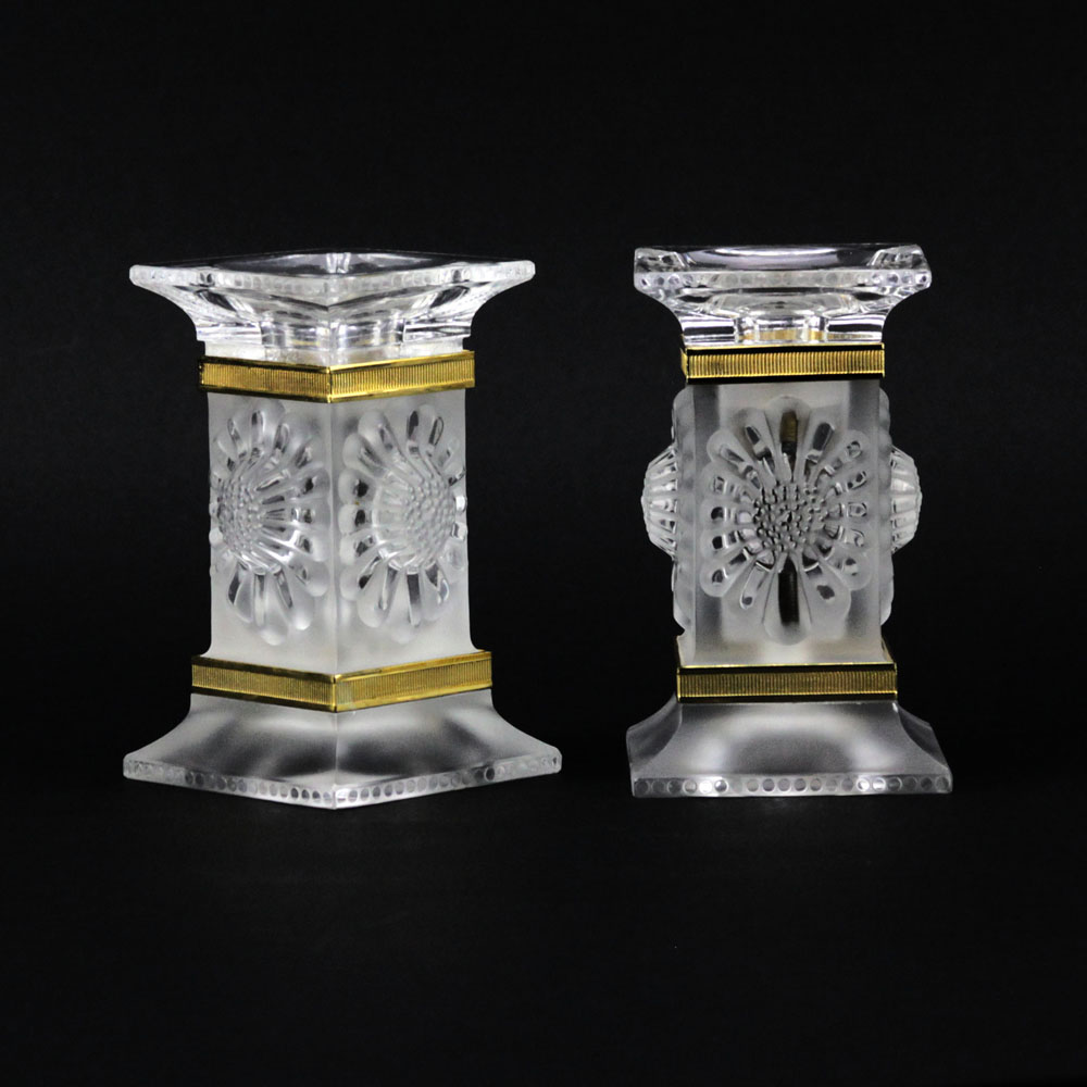 Pair of Lalique Crystal Paquerettes Daisy Candlesticks