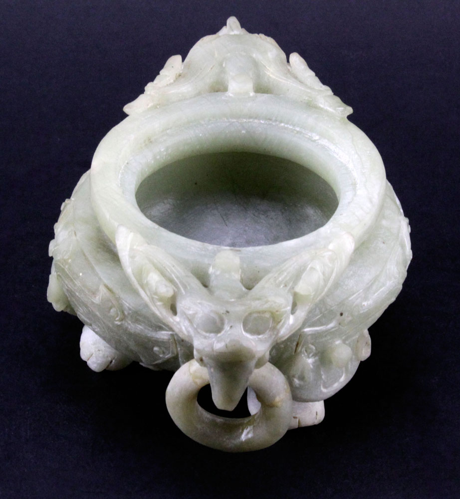 Vintage Chinese Jadeite Covered Censer with Dragon Handles and Foo Dog Finial
