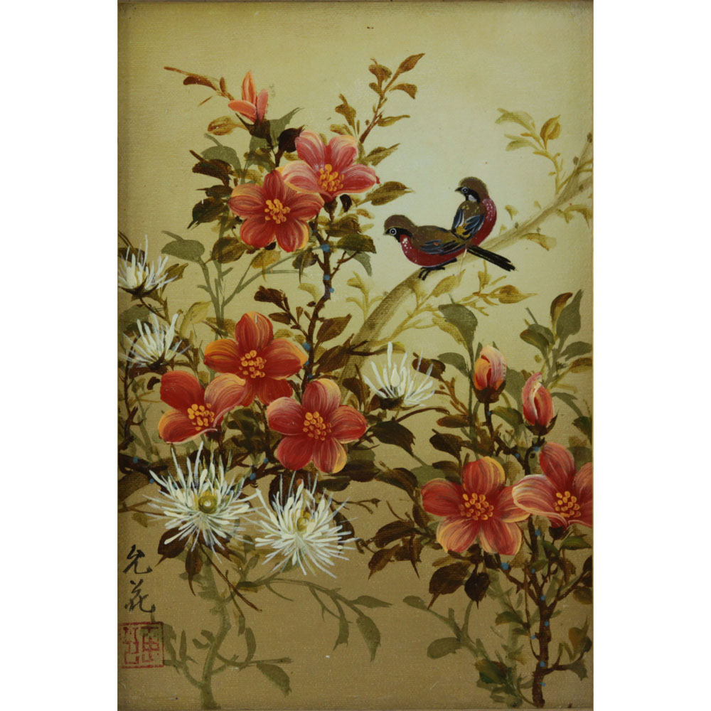 Modern Chinese Oil on Panel, Birtds and Flowers