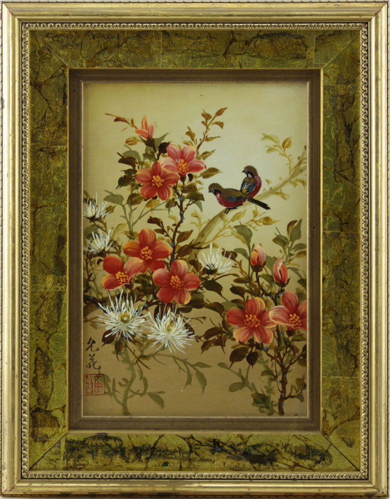 Modern Chinese Oil on Panel, Birtds and Flowers
