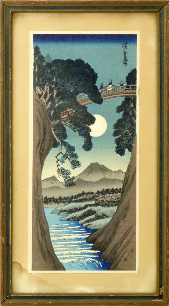 Antique Japanese Color Woodblock Print "Crossing The High Bridge"