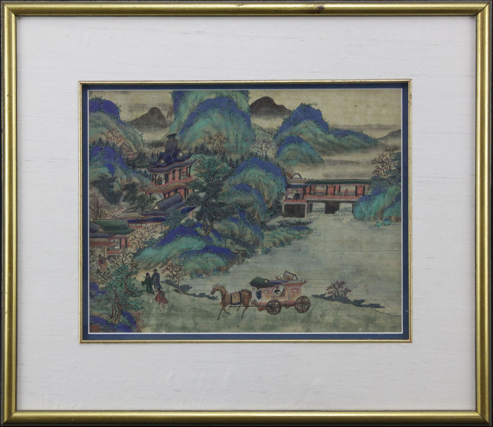 19th Century Chinese Ming Style Village Scene Painting on Silk
