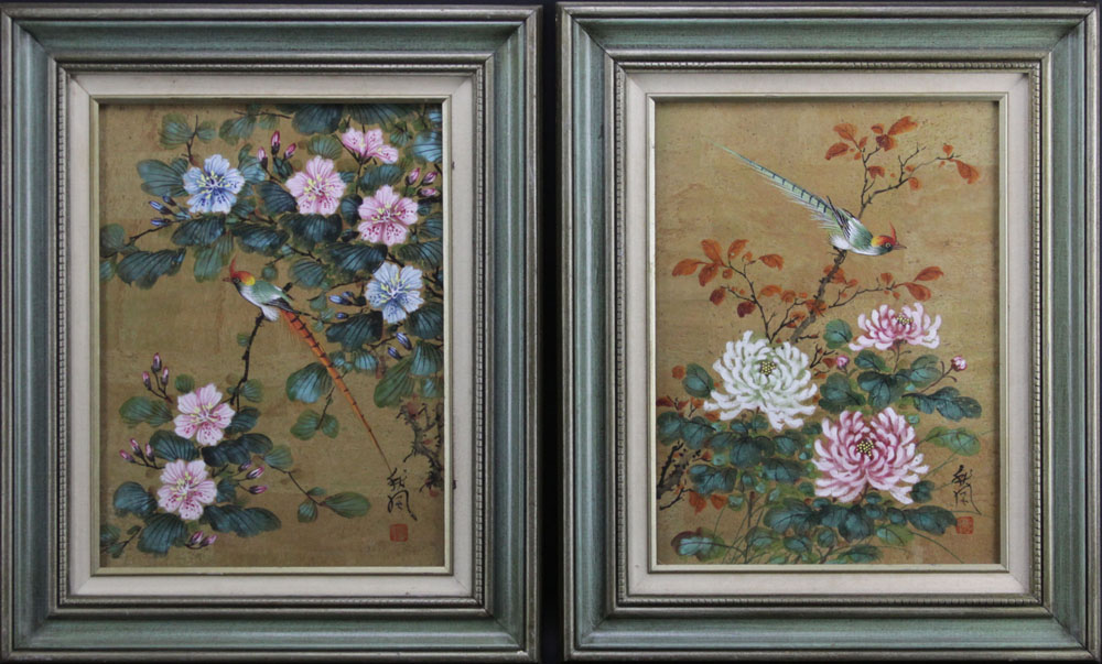 Grouping of Two (2) Chiu Weng, Chinese (20th C.) Watercolor Paintings on Cork Paper