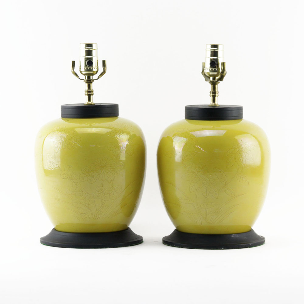 Pair of Vintage Asian Style Mustard Yellow Ginger Jars Mounted as Lamps