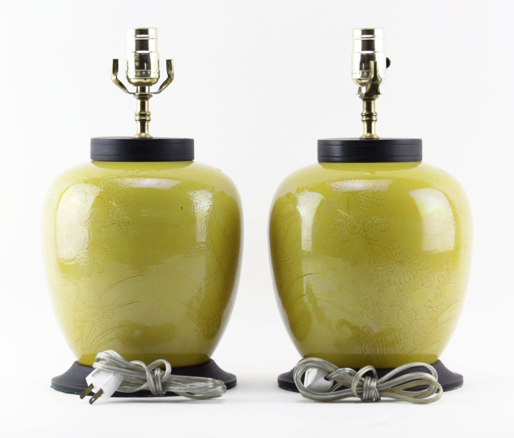 Pair of Vintage Asian Style Mustard Yellow Ginger Jars Mounted as Lamps