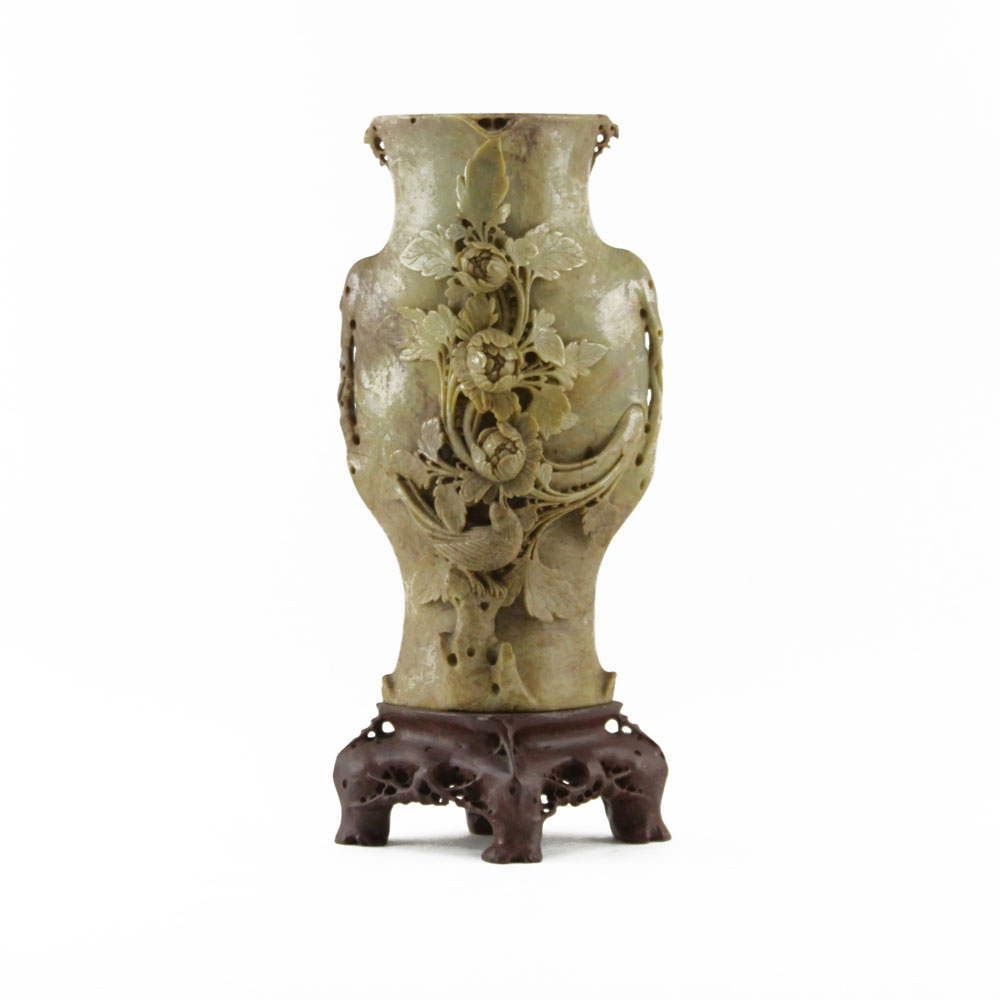 Chinese Carved Soapstone High Relief Floral Vase
