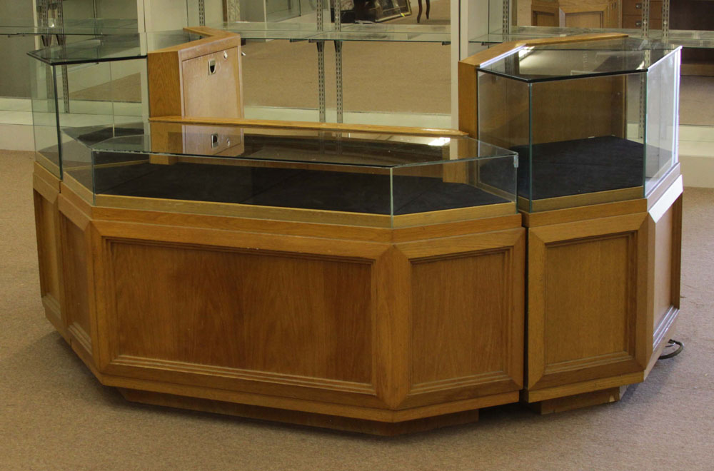 Vintage Three Part Oak and Glass Locking and Lighted  Display Cabinet/Showcase with Storage