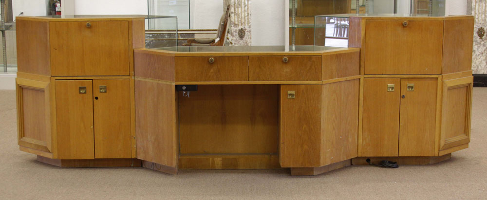 Vintage Three Part Oak and Glass Locking and Lighted Display Cabinet/Showcase with Storage