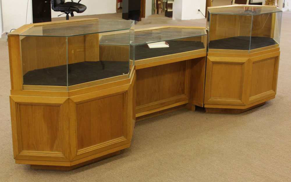 Vintage Three Part Oak and Glass Locking and Lighted Display Cabinet/Showcase with Storage