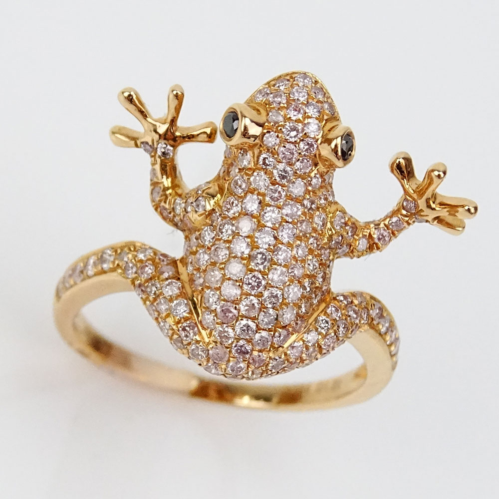 1.01 Carat Natural Pink Diamond and 18 Karat Rose Gold Frog Ring with Black Diamond Eyes