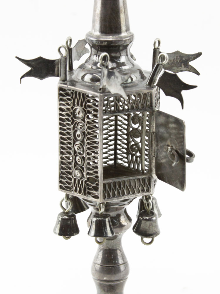 Vintage Judaica Havdalah Besamim Sterling Silver Spice Tower/Rack. Mounted with bells and flags