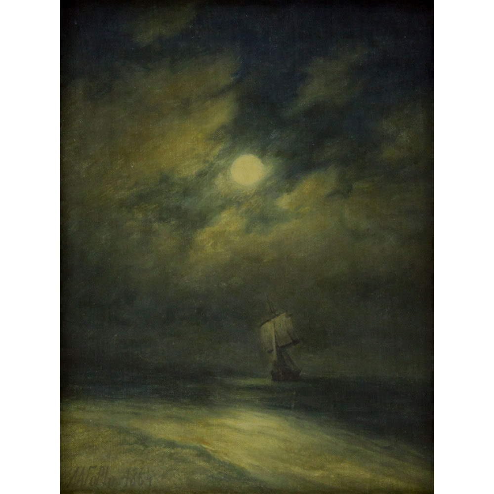 19th Century Russian Oil on canvas laid on board or on canvas board. "Ship On Moonlit Sea" 