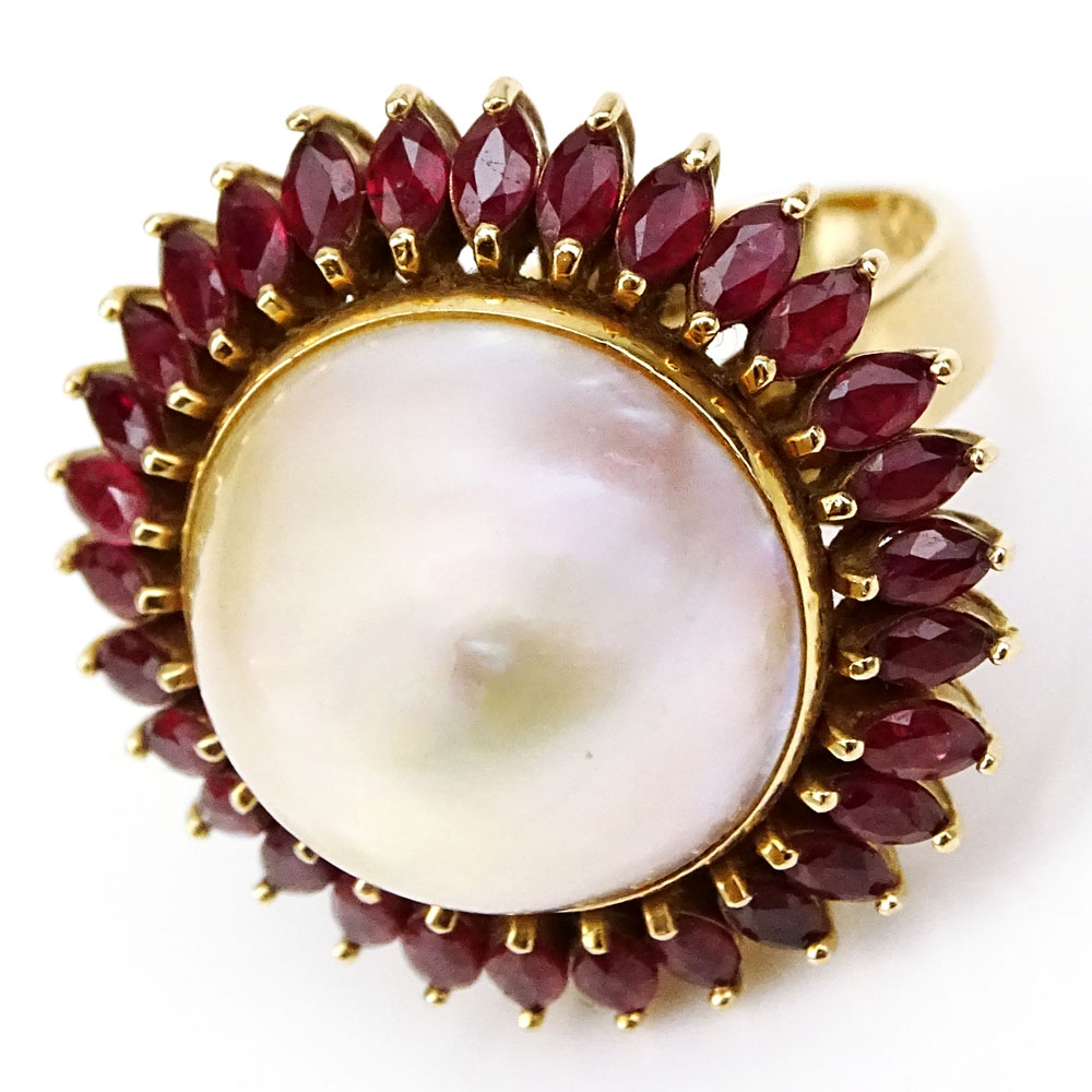 Lady's Vintage 18mm Mabe Pearl, Marquise Cut Ruby and 14 Karat Rose Gold Ring