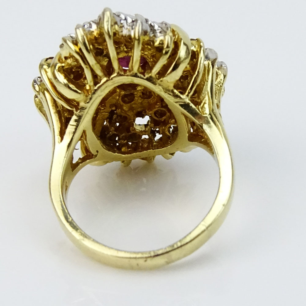 Large Lady's Vintage Oval Cut Ruby, Diamond and 14 Karat Yellow Gold Cluster Ring
