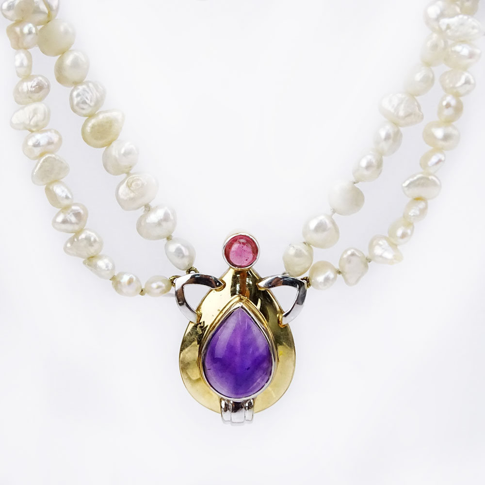 Vintage Double Strand Baroque Pearl Necklace with 14 Karat Yellow Gold, Cabochon Amethyst and Cabochon Tourmaline Pendant