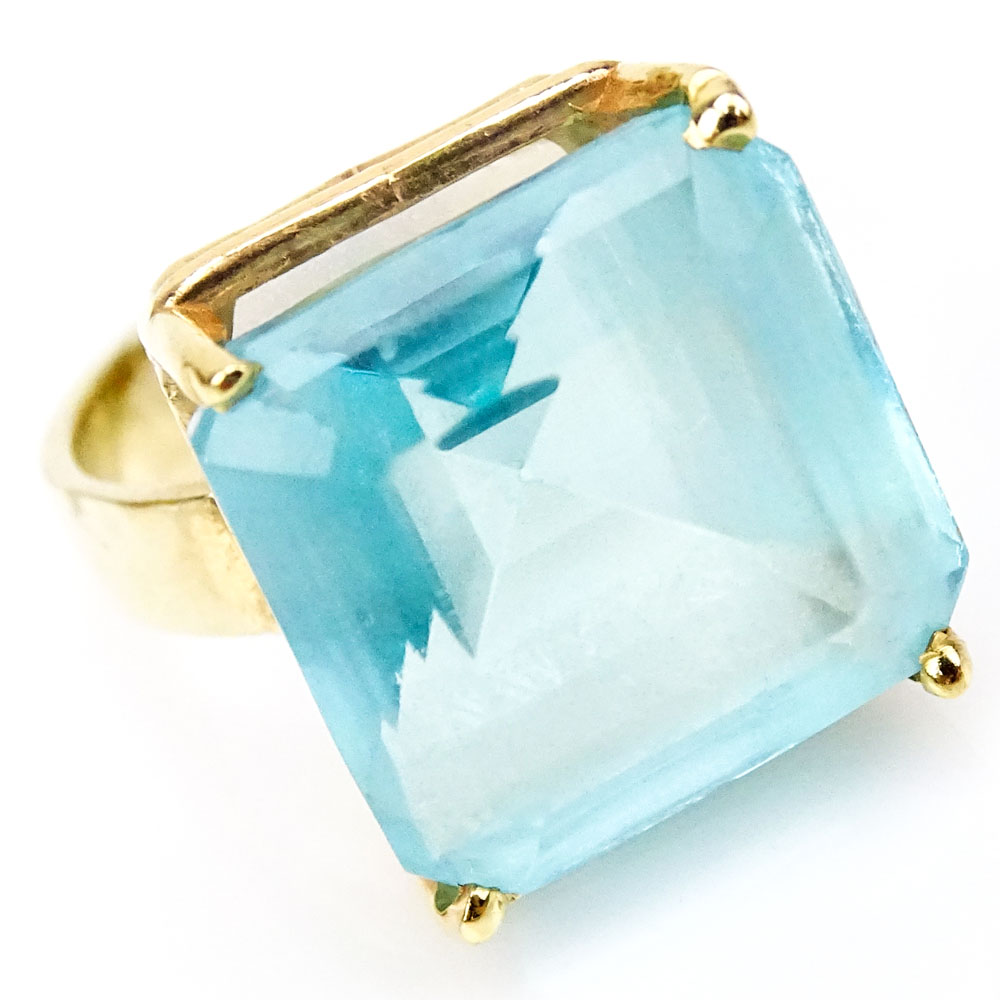 Vintage Square Cut Blue Topaz and 14 Karat Yellow Gold Ring